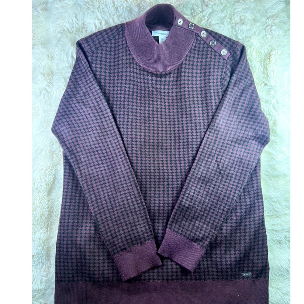 Calvin Klein Purple Houndstooth Mock Neck Button Shoulder Sweater L    A13.
